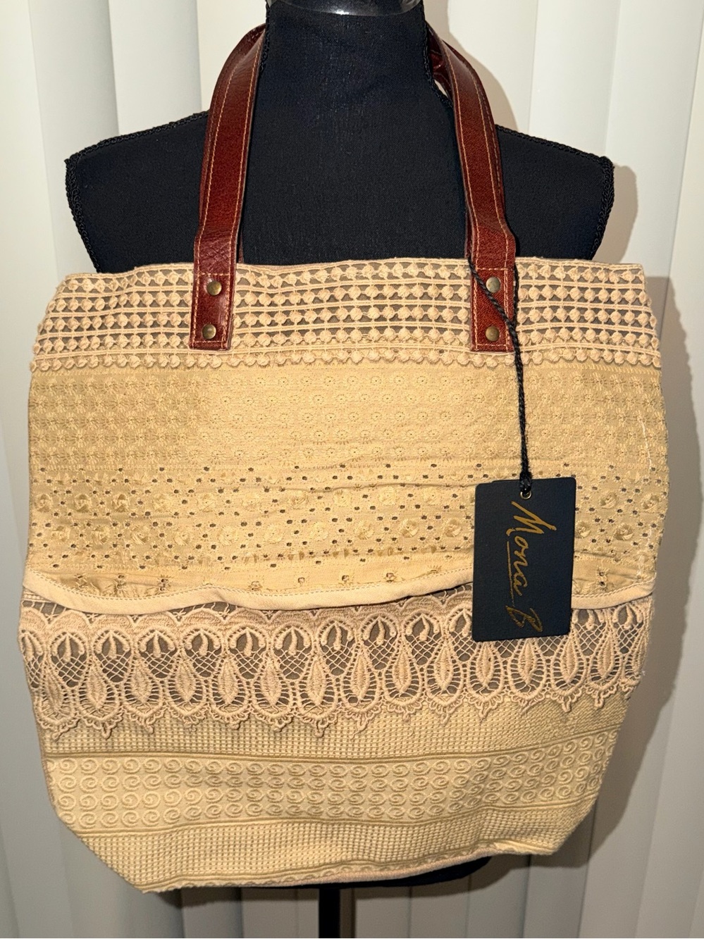 Mona B Unique Khaki and Lace Hobo Tote Handbag Boho Beach Casual *NWT